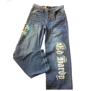 ED HARDY HIGH RISE WIDE LEG EAGLE EMBROIDERED JEANS SZ 34
